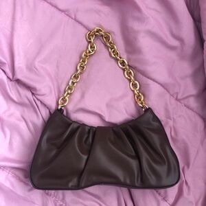 Classy Preppy 2000s Trendy Brown Gold Chain Faux Leather Shoulder Hand Bag Purse